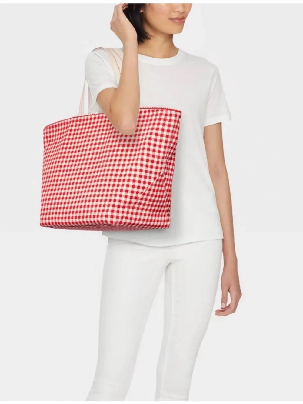 Spacious Reversible Canvas Tote Handbag -  Red & Navy Gingham - Picture 11 of 14